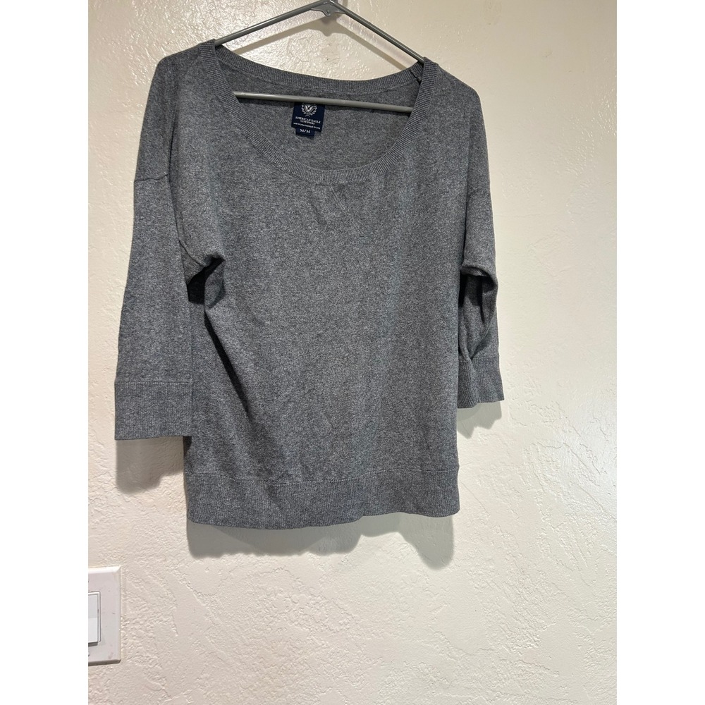 American Eagle Gray Cotton Scoop Neck 3/4 Sleeve Knit Sweater Womens Medium